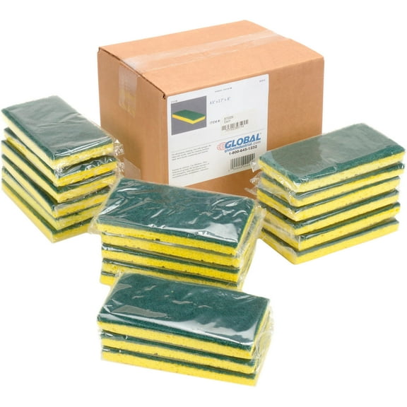 Global Industrial Heavy Duty Scrub Sponge Yellow/Green 3.25"" x 6.25"" - Case of