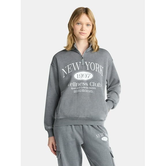 No Boundaries Mineral Wash Quarter Zip-Up Graphic Pullover Sweatshirt, Midweight, Women's