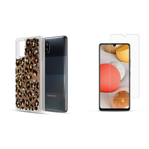 Bemz Waterfall Case for Samsung Galaxy A42 5G (Flowing Liquid Glitter Bling Protection Cover) with (2-Pack) of Glass Screen Protectors and Touch Tool - Leopard