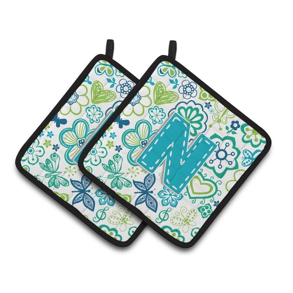 Letter N Flowers and Butterflies Teal Blue Pair of Pot Holders