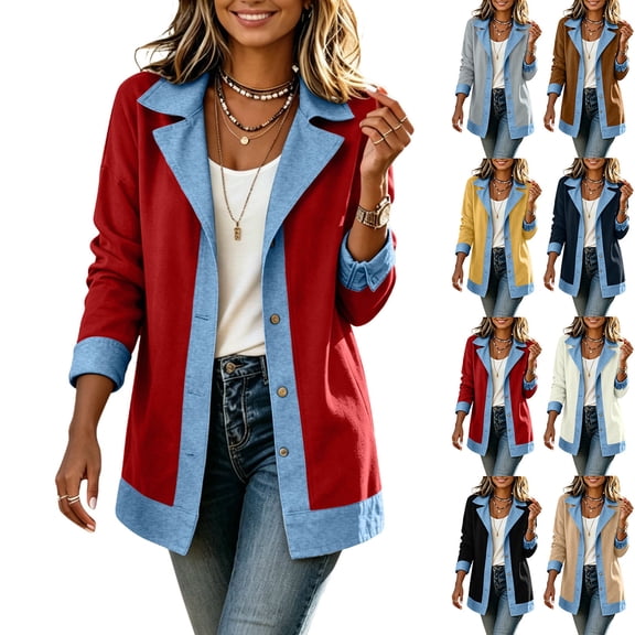 Feancey Lightweight Blazer Jackets for Women Denim Patchwork Collared Suit Jacket Single Breasted Open Front Blazers Business Casual Office Jackets Black L