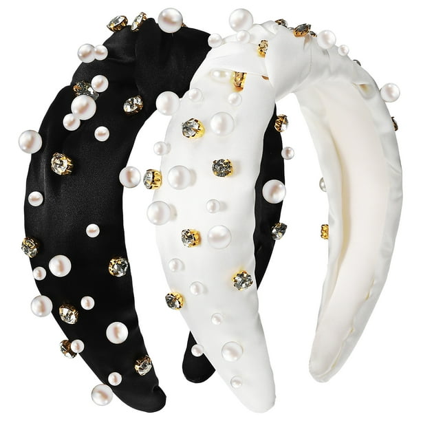 GOOHOCHY 2 bandas para el pelo, diademas de perlas, diademas con joyas para niñas, diademas anudadas para mujeres y niñas