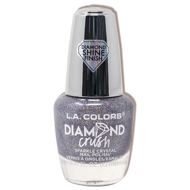 DIAMOND CRUSH NAIL POLISH - FLASHING LIGHTS by L.A. COLORS, 13 ml bottle of iridescent glitter nail polish with crushed diamond finish and sparkle crystal effect, silver cap labeled diamond shine finish, suitable for use alone or as a glitter topcoat.
