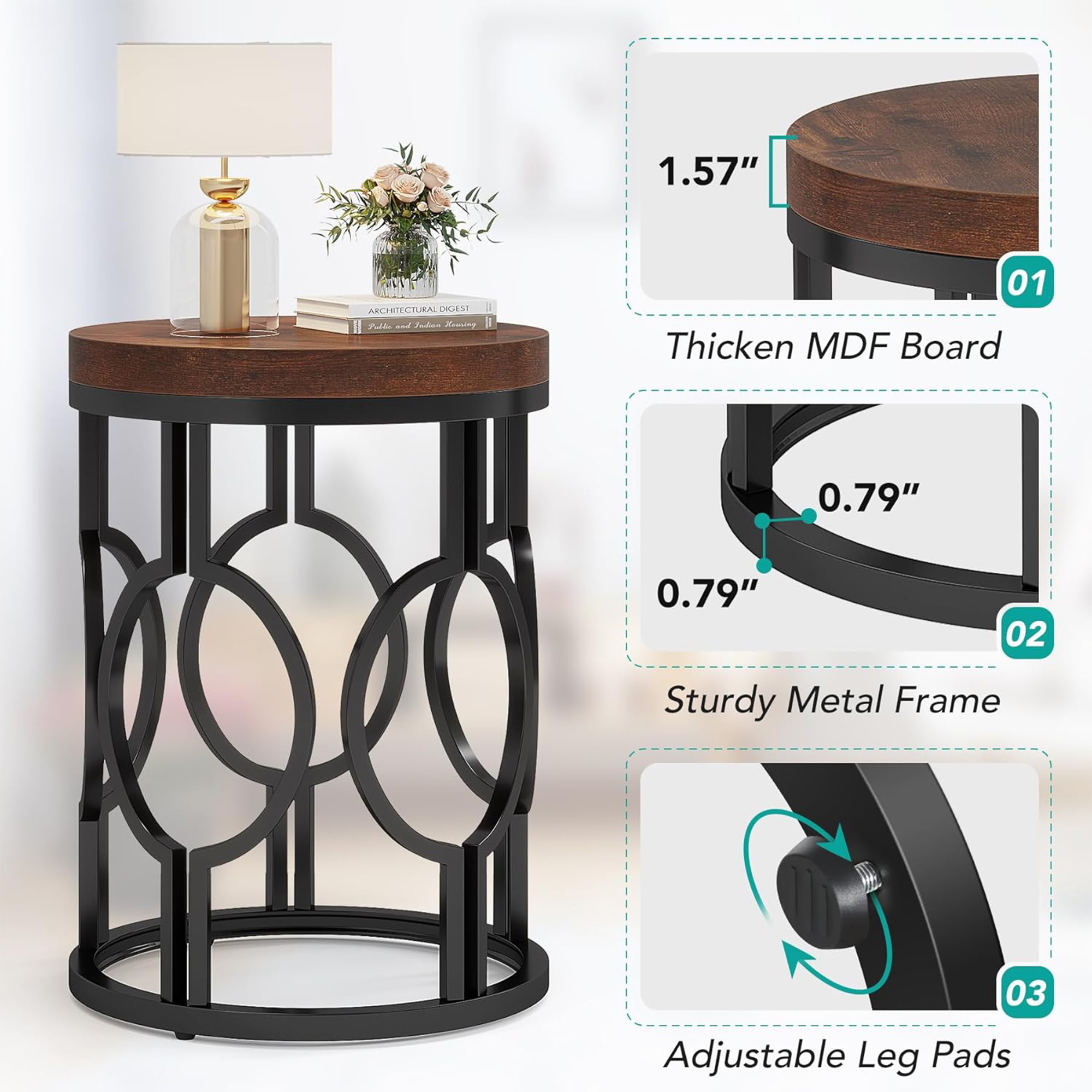 MAYEERTY Industrial Round Side Table, Hollow Metal Frame End Table with MDF Tabletop, Space-Saving Design for Home Decor