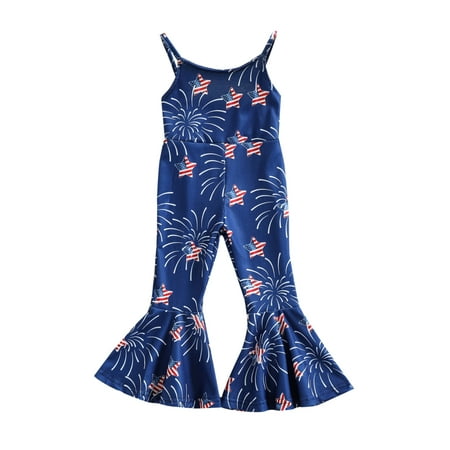 

wybzd Independence Day Baby Girl Summer Spaghetti Straps Balloon Stars Print Long Flare Pants Jumpsuit 1-5 Years