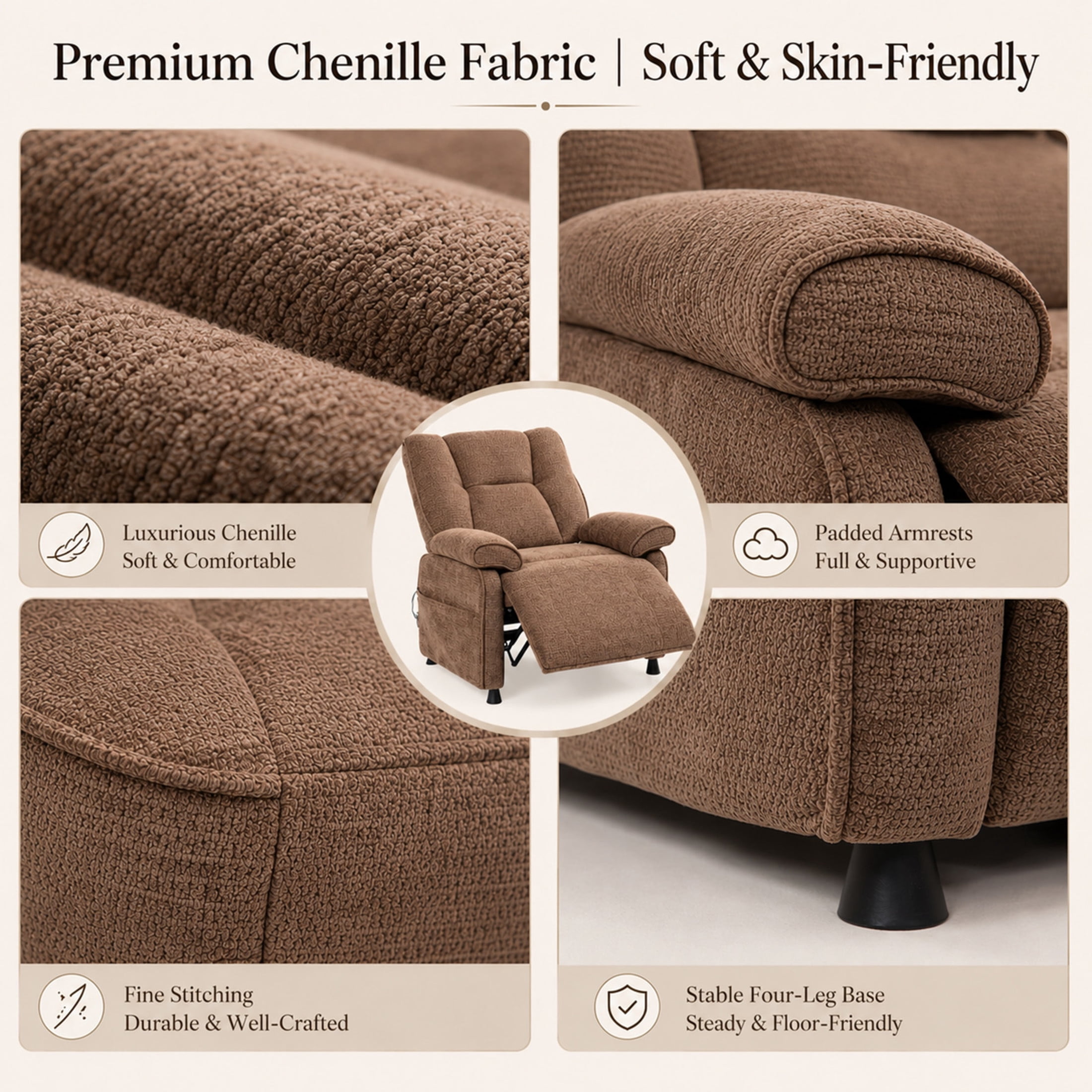GDF Studio Rosane Electric Power Recliner Chair with Side Storage Pocket, Chenille Multi-Scene Lounge Chair, Dark Brown