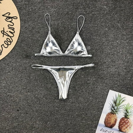 Summer Sexy Thong Bikini Set Pure Silver Gold Sequinis Biquini Women Swimwear Push Up Padded Ladies Bathing Suit Beach Wear
