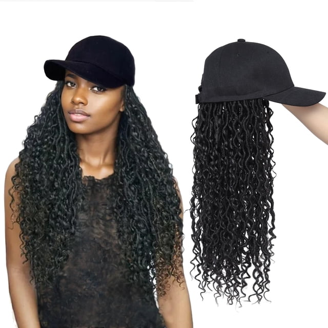 Yunkang Peluca trenzada con gorra de béisbol, extensiones de cabello rizado con sombrero, peluca de pelo sintético de color negro con 18 pulgadas de largo, peluca trenzada para mujeres (18 pulgadas 1B