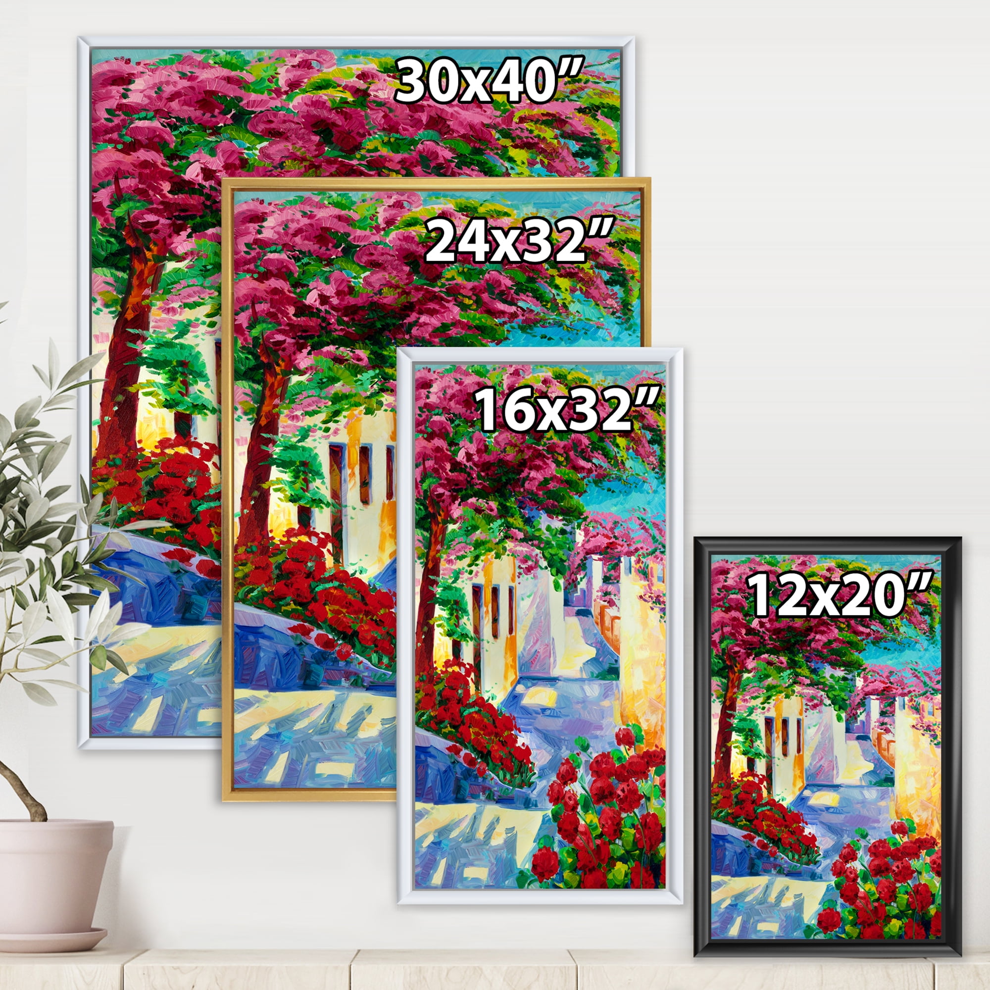 Designart 'Colorful Traditional Santorini Houses Among Flowers' Nautical & Coastal Framed Canvas Wall Art Print