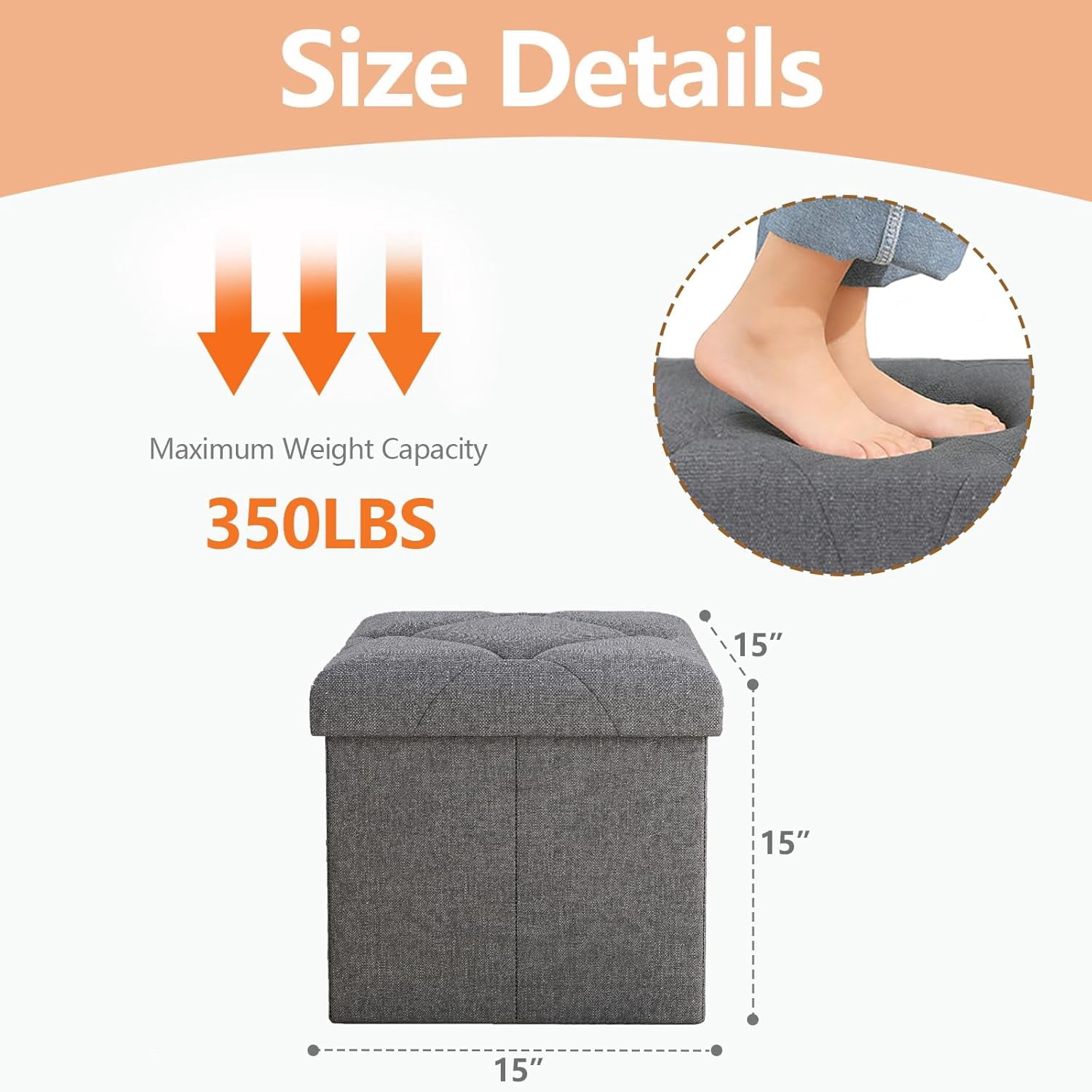 15" Foldable Storage Ottoman Bench with Bins, Padded Footrest Stool for End of Bed, Living Room and Entryway, Holds up to 350 lbs, Gray