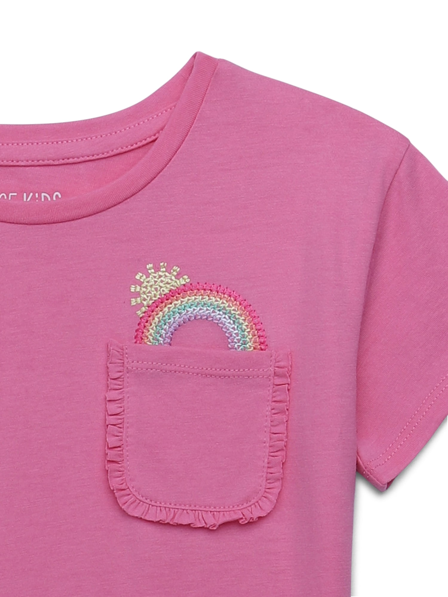 365 Kids by Garanimals Girls Rainbow Embroidered Pocket Tee with Short Sleeves, Sizes 4-10