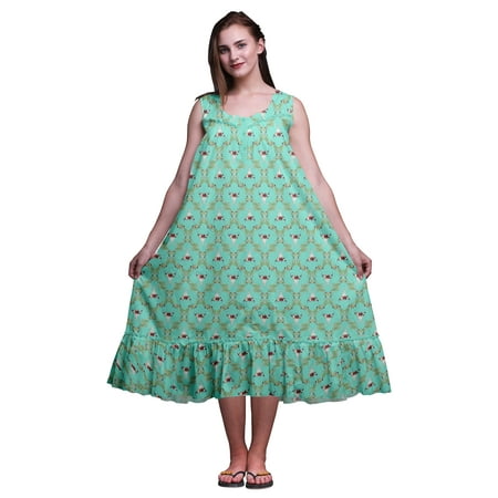 

Bimba Aquamarine Green3 Damask Floral & Cow Skull Head Cotton Nightgowns For Women Mid-Calf Printed Sleepwear Night Dress X-Large