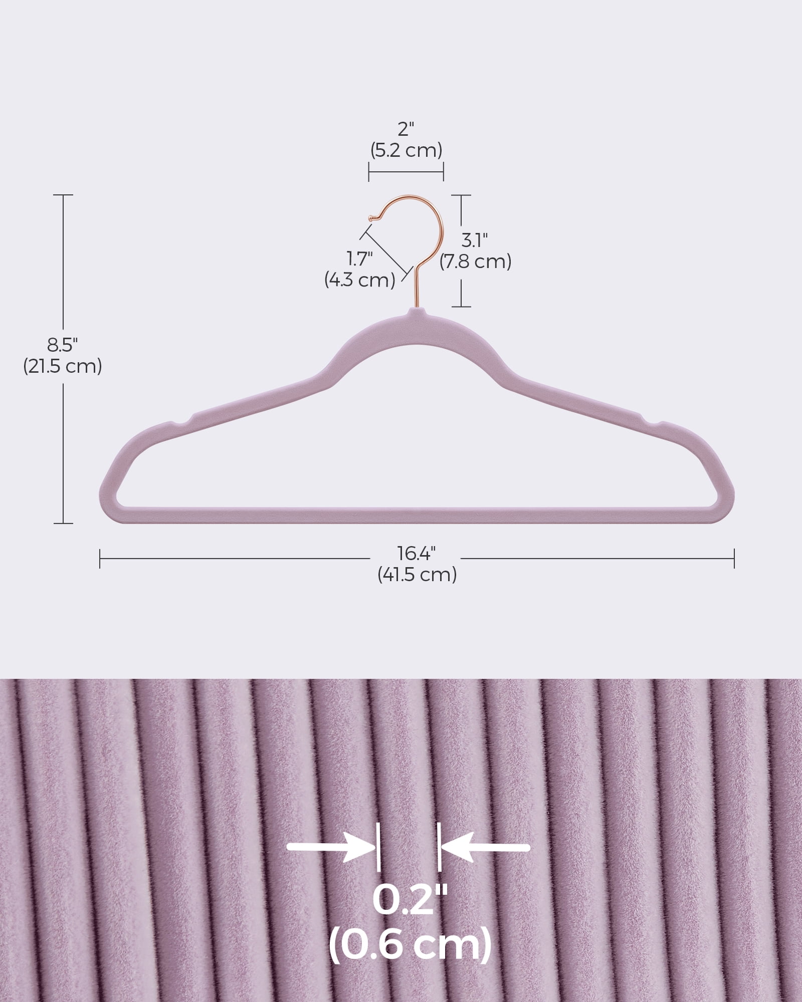 50-Pack Velvet Hangers with Rose Gold Swivel Hooks, Non-Slip Heavy-Duty Slim Clothes Hangers, 11 lb Capacity, Light Purple