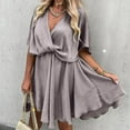 thumbnail image 3 of Bigersell Ladies New Summer Dresses Women's Summer Fashion Solid Short Sleeve V-neck Pullover Dress Boho Wedding Dress Women's Plus Cocktail Dresses, Style 3238, Khaki S, 3 of 7