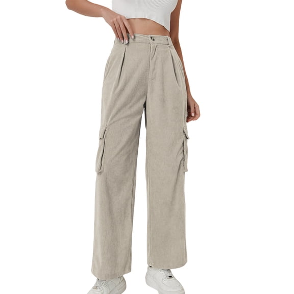 Ohufall Womens Pants Elastic Waist Straight Leg Solid Color Pants Zipper Pocket Outdoor Comfort Casual Pants