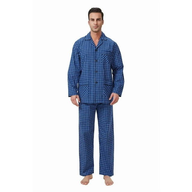 Apparonia Conjunto de Pijamas para Hombre de Algodón con Cuello con Muesca Pijamas para Hombre de Manga Larga Ropa de Dormir para Hombre con Bolsillos y Frente Fly Cuadros Azules XXL