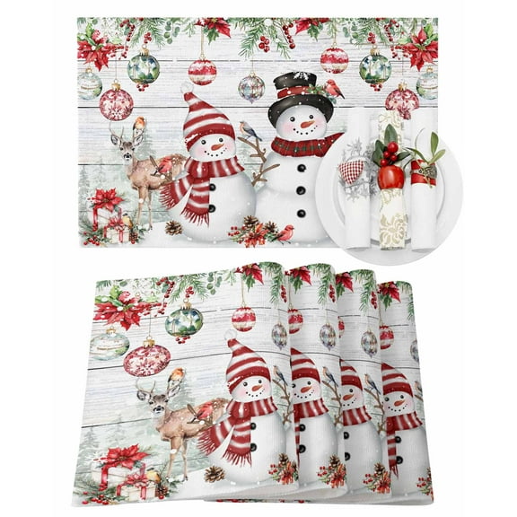 Christmas Xmas Placemats Set of 4 Elk Ball Snowman Poinsettia Berry Wood Plank Heat Insulation Washable Place Mats, Rustic Non-Slip Table Mats for Dining Table Party Kitchen Decor,13x19 Inch