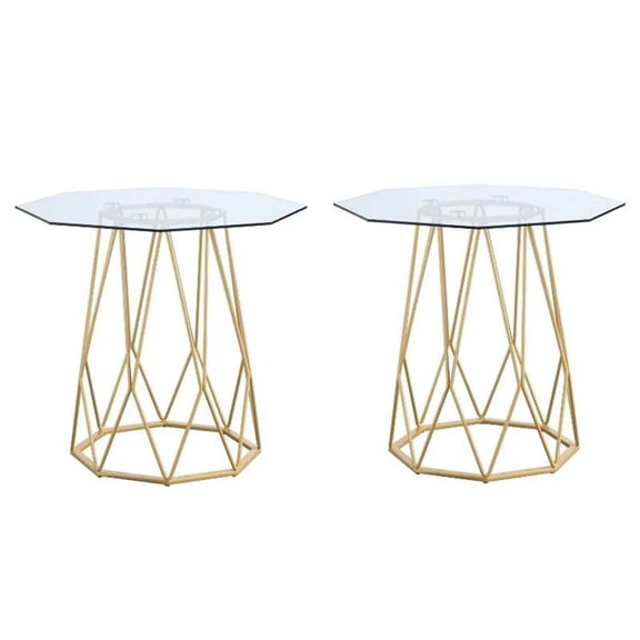 Home Square Growder Contemporary Glass Top End Table in Gold - Set of 2