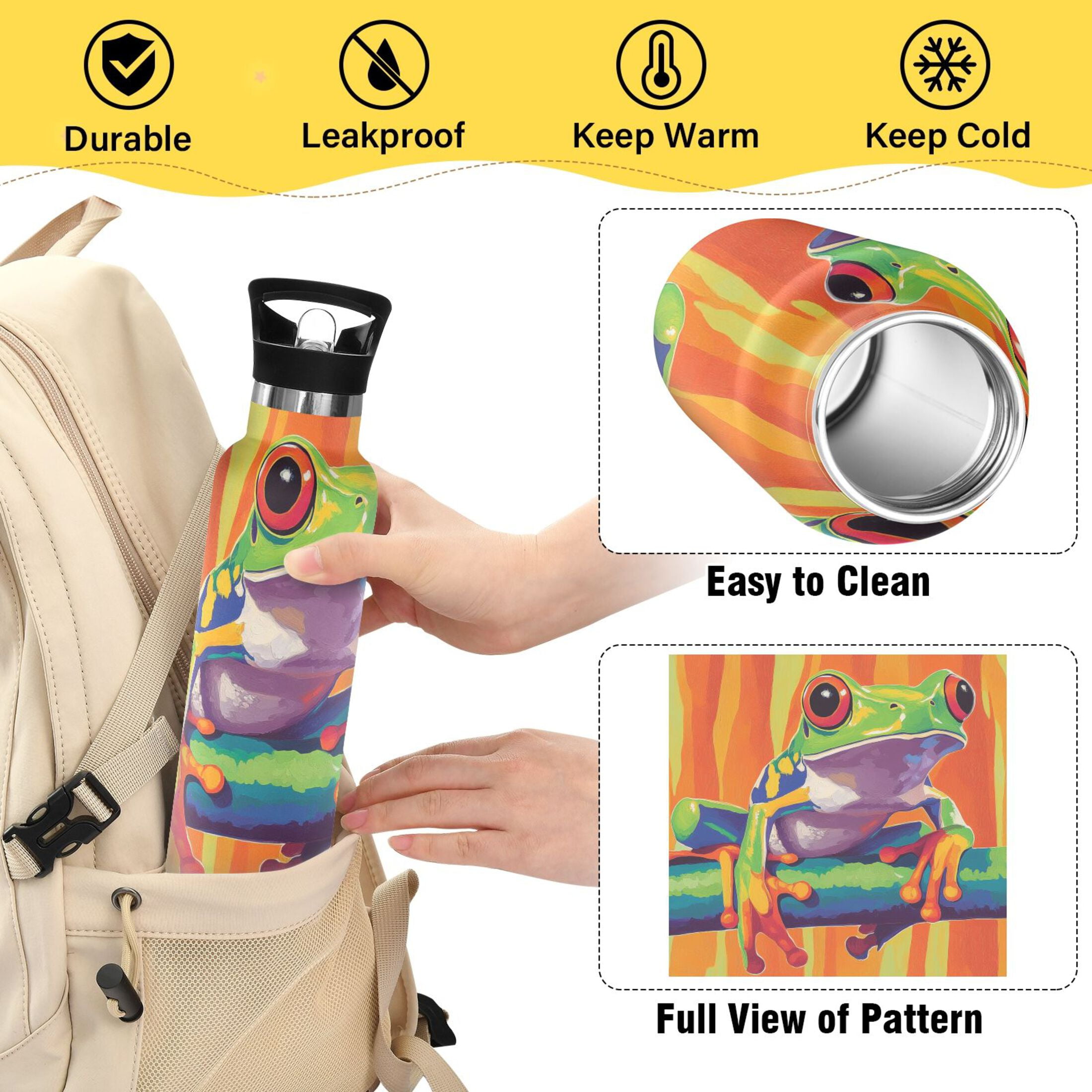 600ML Stainless Steel Insulated Cup Sports Water Bottle Portable Thermos Cup Water Glasses Insulated Tumblers Convenient and Durable Lovely Green Frog