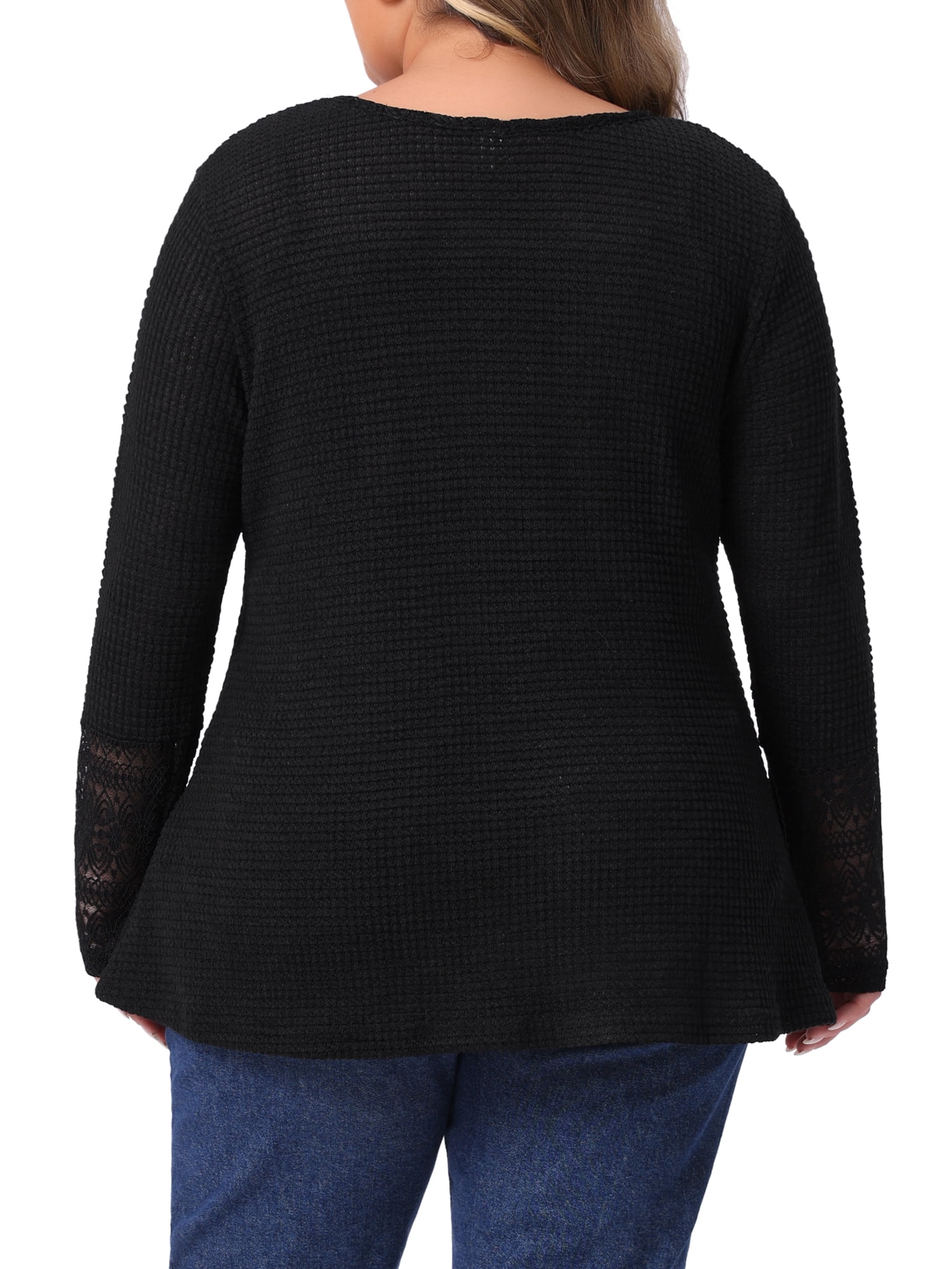 DARING DIVA Women's Plus Waffle Knit Tops V Neck Lace Patchwork Blouse 3X Black