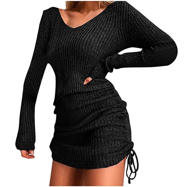 Zeagoo Vestidos De Otoño Para Mujeres Vestido Casual De Cuello Redondo Y Manga Larga Elegante Hasta La Rodilla Vestido Suéter A Line Con Bolsillos Caqui S