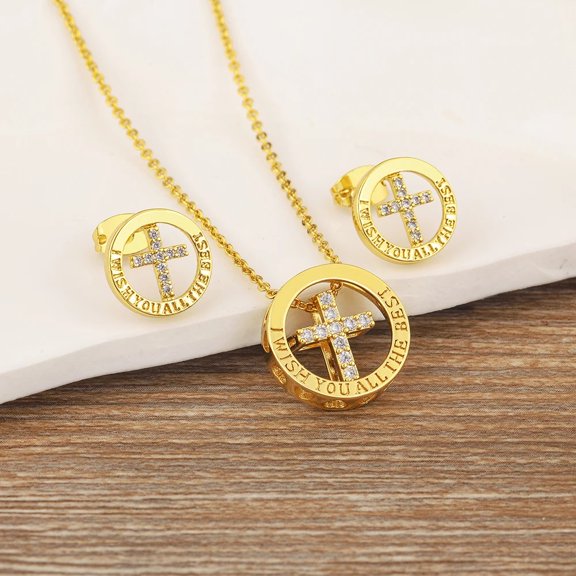 New Classic 14K Yellow Gold Cross Charm Necklace Earrings Hollow Chain Choker Zircon Jewelry Set Women Accessories Gift