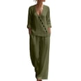 thumbnail image 2 of Chbgutlmr Womens 2 Piece Sets Cotton Linen Outfits Long Sleeve Deep V Neck Button down Shirts Straight Leg Pants Casual Loose Summer Plain Set, 2 of 5