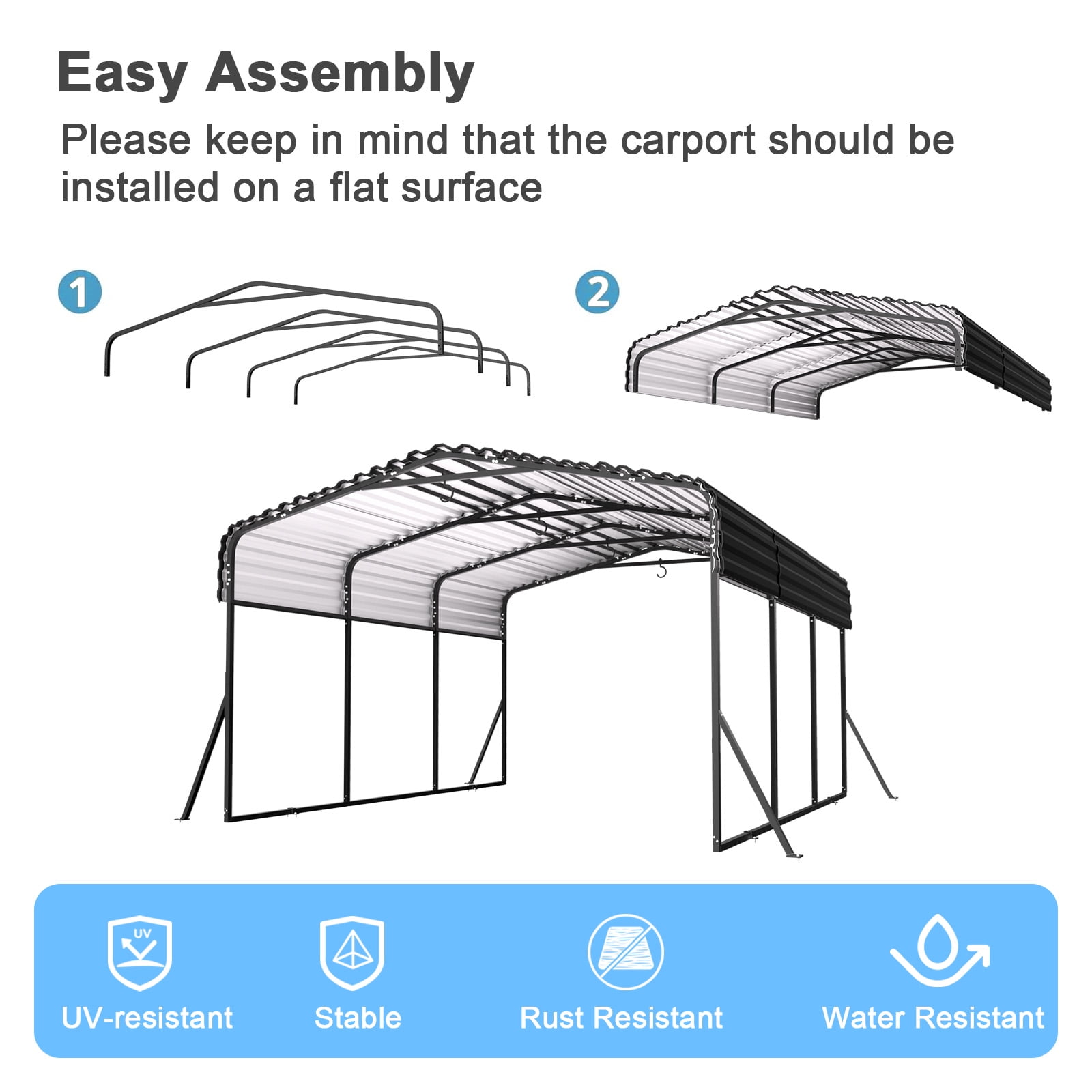 Sylviera 10x15ft Heavy-Duty Metal Carport, Outdoor Car Port Canopy with Reinforced Iron Frame, All-Weather Shelter for Cars, Trucks & Boats, Easy Assembly