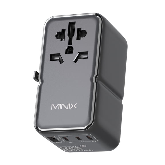 Universal Travel Adapter MINIX TP170, 3 USB-C & 1 USB-A Ports, Compatible with US/UK/EU/AU for Laptops, Tablets, Phones - Black