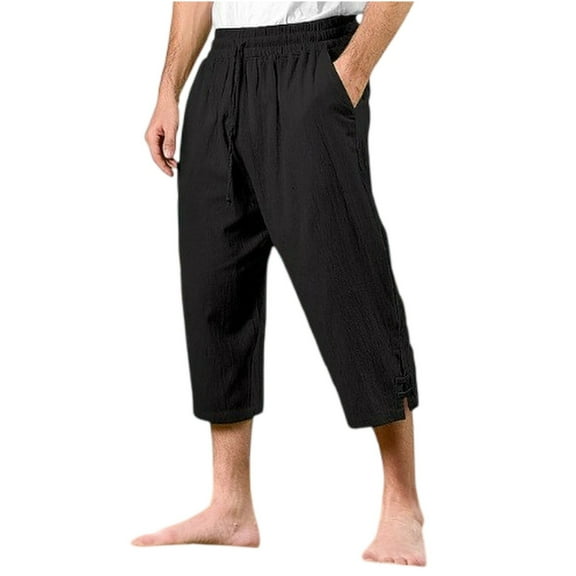 WTOBBY Men's Cotton Linen Cropped Beach Pants for Summer Vacation, Elastic Drawstring Waist with Quick-Dry Fabric and Comfortable Design for Swimming and Outdoor Activities ,Black L