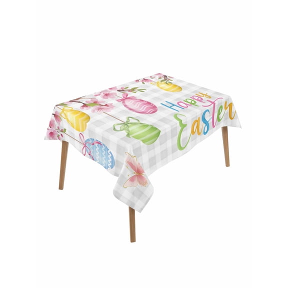 Happy Easter Rectangle Tablecloth, Spring Colorful Eggs Butterfly Grey Plaid Waterproof & StainResistant Tablecloth, Washable Oil-proof Table Cover for Dining/Party/Wedding/Camping/Buffet 52x70 In