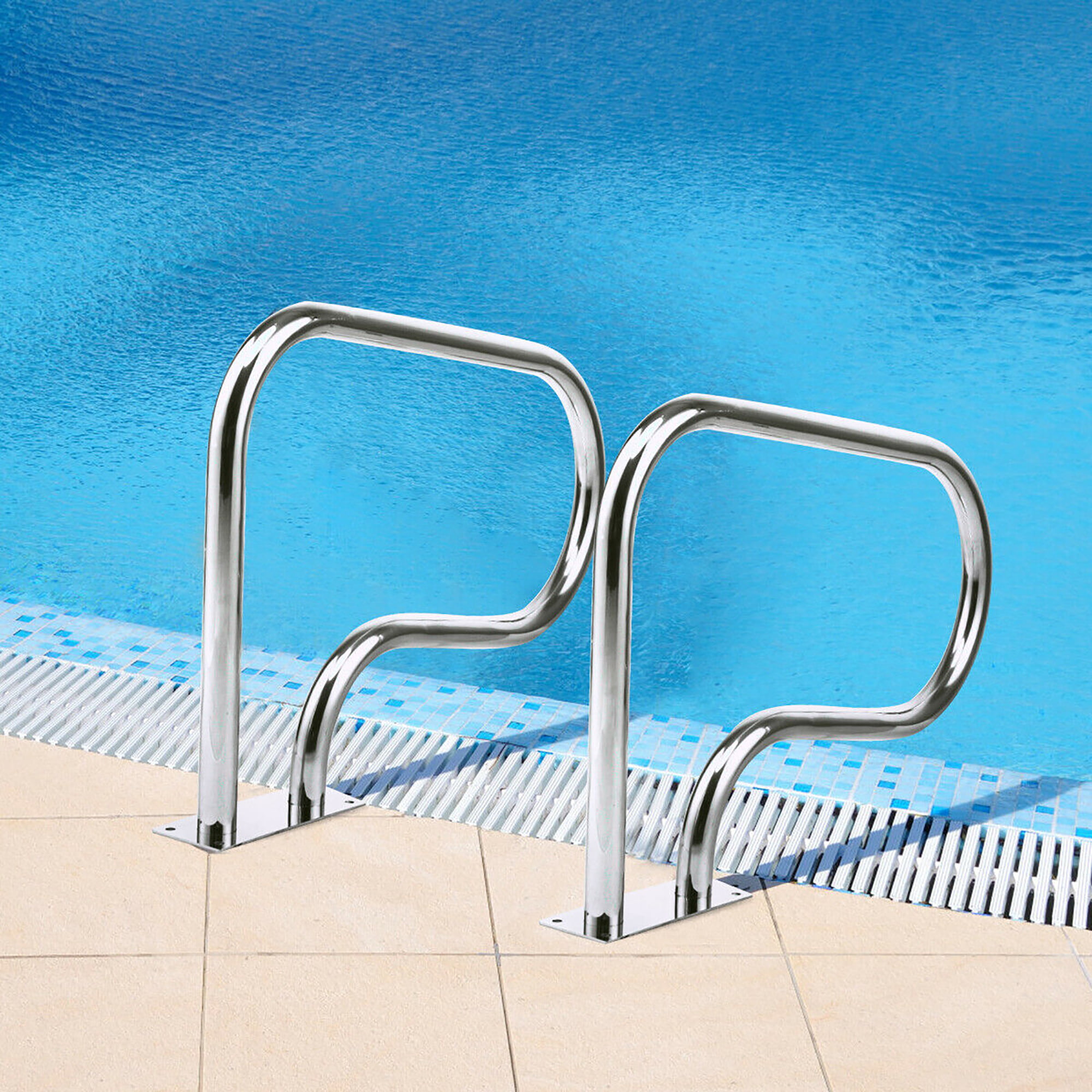 Swimming Pool Hand Rail Stainless Steel Ladder Outdoor Stair Rail w/ Base Plate