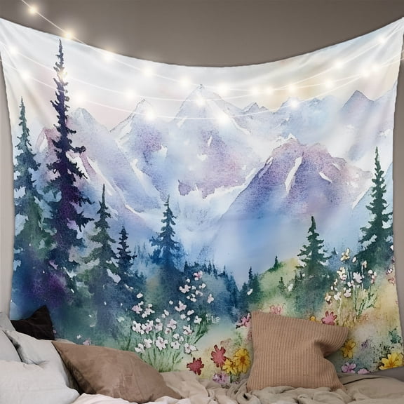 Forest Mountains Large Tapestry for Bedroom Wall Hanging Tapestry, Watercolor Natural Flower Tree Ceiling Backdrop Tapestries Poster Blanket Wall Decor for Teens Room Living Room Dorm 86" x 104"