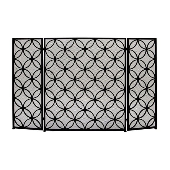 DecMode Black Metal Geometric Foldable 3 Panel Living Room Fireplace Screen with Mesh Netting, 48" x 1" x 30"