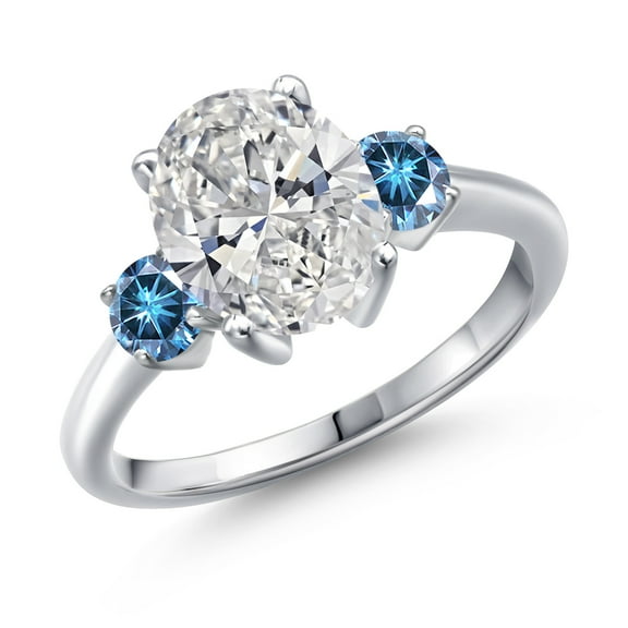 2.46 cttw IGI Certified Lab Grown Diamond and Persian Blue Moissanite 3-Stone Engagement Ring for Women | 925 Sterling Silver | Center 2.00 Ct Diamond | E-F Color | VS1-VS2 Clarity | Size 6