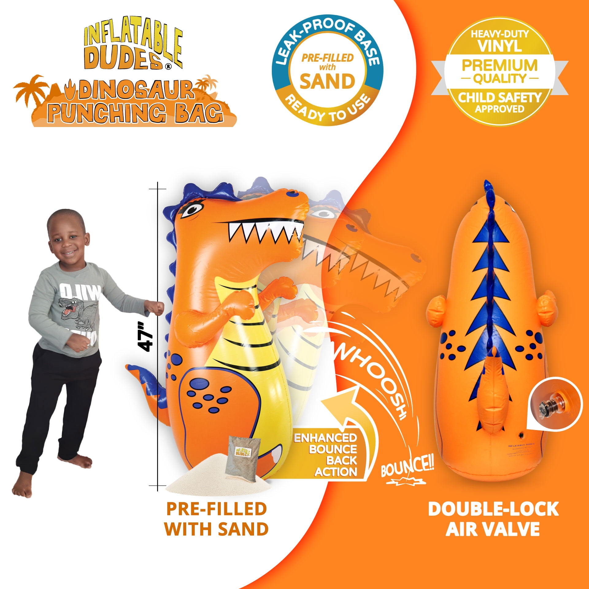 INFLATABLE DUDES Orange Dinosaur 47 Inches -Kids Punching Bag |Filled with Sand