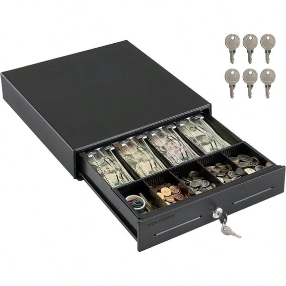 13 Electronic Cash Register Drawer for Point of Sale POS System with 4 Bill 5 Coin Cash Tray Removable Coin Compartment 24V RJ11/RJ12 KeyLock Media Slot Black for Small Busines
