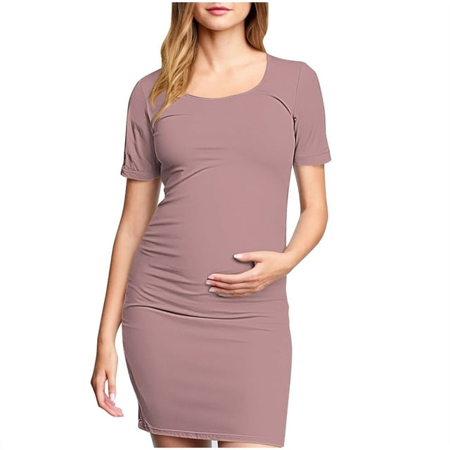 Mrzvby Robes de Maternité pour Femmes à Manches Courtes, Col Rond, Froncées, Robes de Grossesse Légères et Respirantes, Robes Midi Moulantes, Couleur Unie, Robes Plissées Décontractées