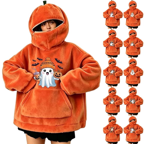 FUZHIQ Halloween Oversized Blanket Hoodie Cute Ghost Graphic Pumpkin Mask Pullover Sweatshirt with Pocket Casual Party Wear for Women Men, S-XXXL