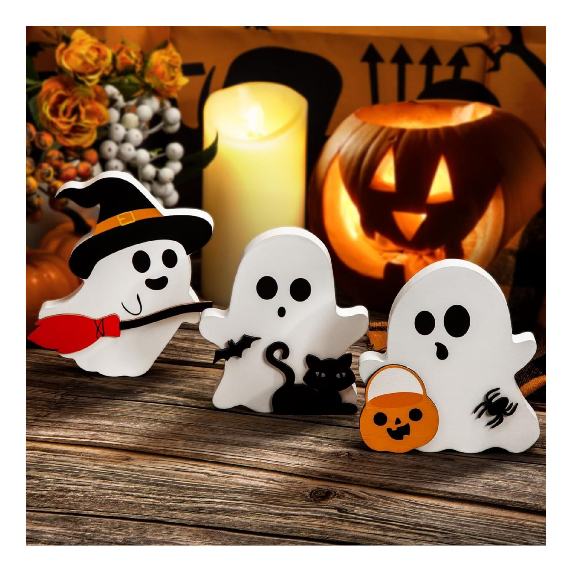 Set of 3 Cute Wooden Ghost Tiered Tray Decorations for Halloween Home Decor