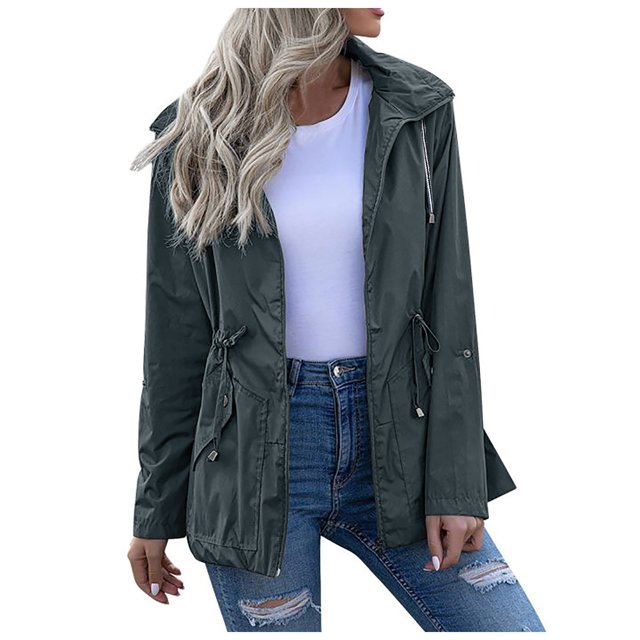 YOUSNH Imperméable à Capuche à Fermeture à Glissière pour Femmes Manteau de Pluie d'Hiver Moyen Long pour Femmes Veste de Pluie pour Femmes Gris TG
