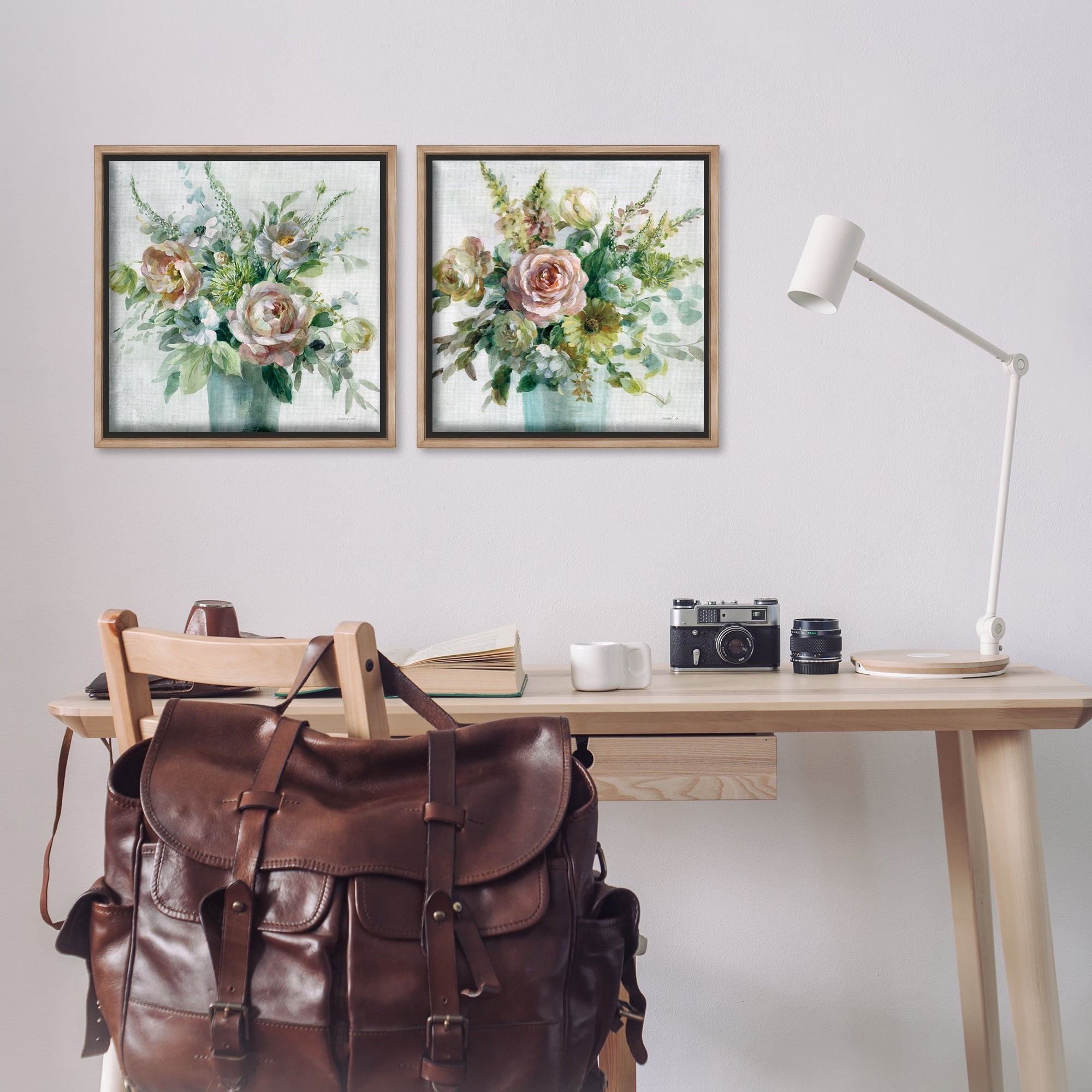 Stupell Industries Sage Peach Still Life Florals Plants & Flowers Painting Brown Floater Framed Canvas Art Print Wall Art, 18 x 18, Set of 2