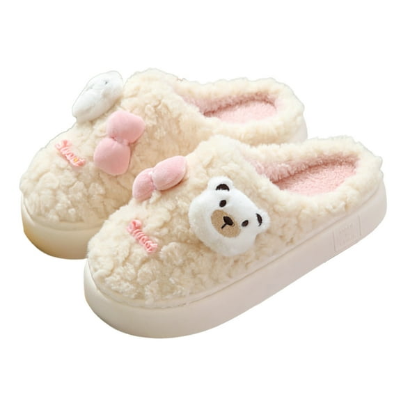 Lovskoo 2024 Women's Slippers Cotton Slippers Thick Bottom Home Indoor Cute Hair Slippers Confinement Shoes Non-Slip Warmth White
