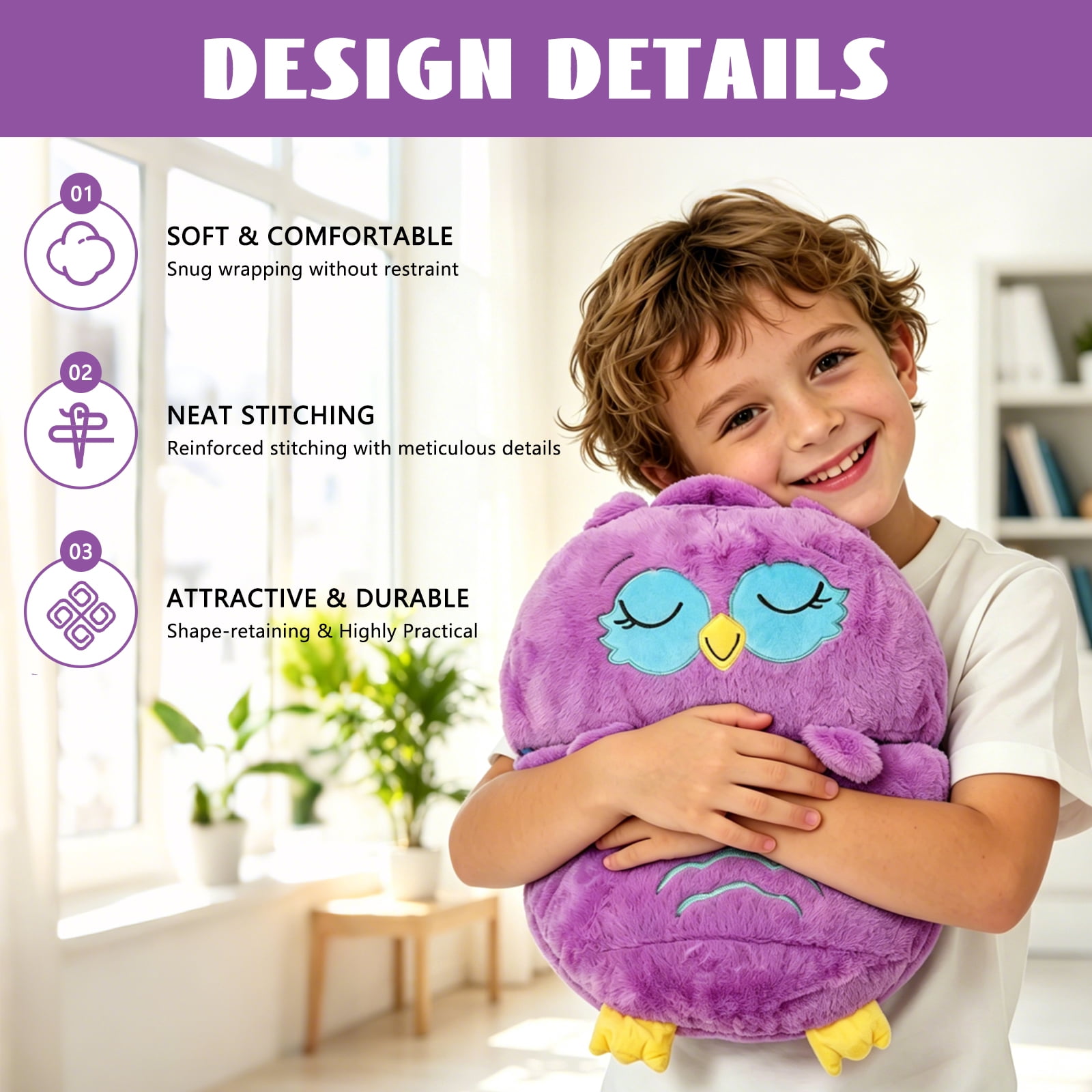 Kids Owl Sleeping Bag with Pillow - 2-in-1 Foldable, All Seasons, Soft & Warm (54"x20")