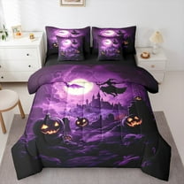 jejeloiu Spooky Pumpkin Lantern 7-Piece Twin Bedding Sets,Cartoon Halloween Witch Bedding Comforter Set,Spooky Castle Sheet Sets For Boys Teens,Ultra Soft Home Decor Reversible