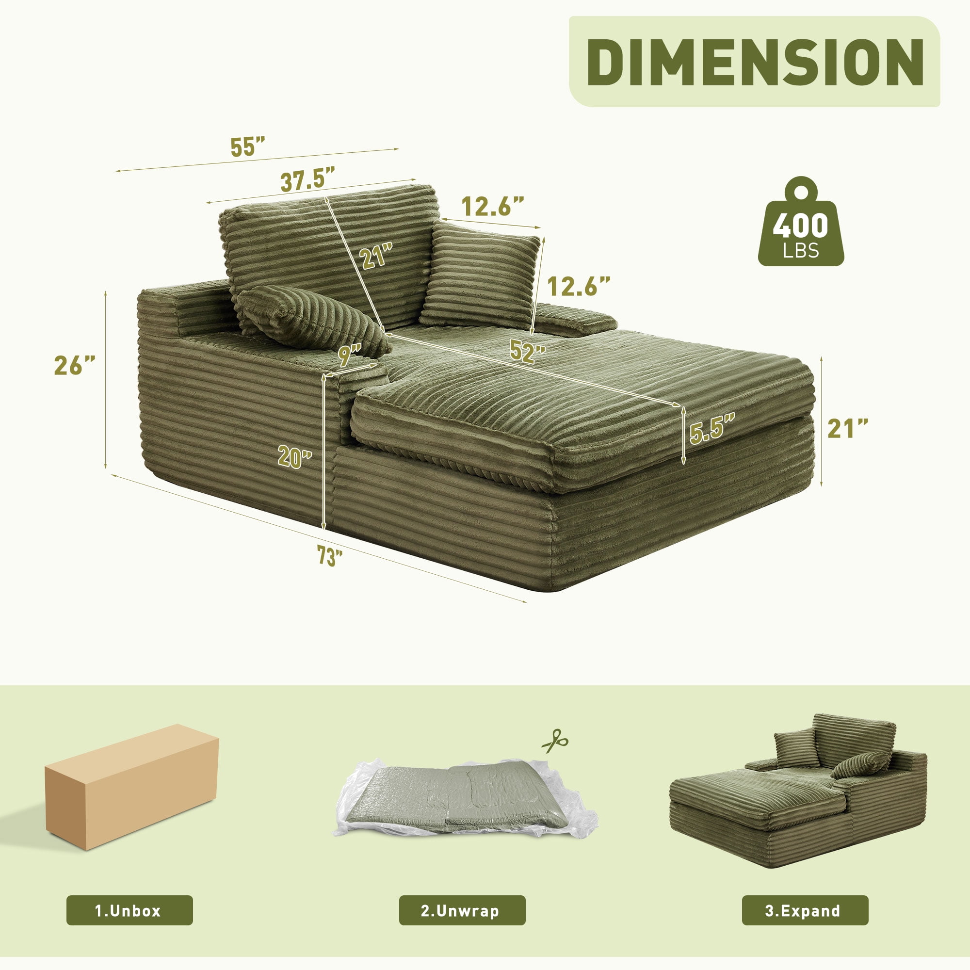 BedLuxury 73''x55'' Oversized Chaise Lounge Chair, Cloud Faux Fur Upholstered Sofa Bed Cozy Sleeper Couch for Living Room, No Assembly Required, Green
