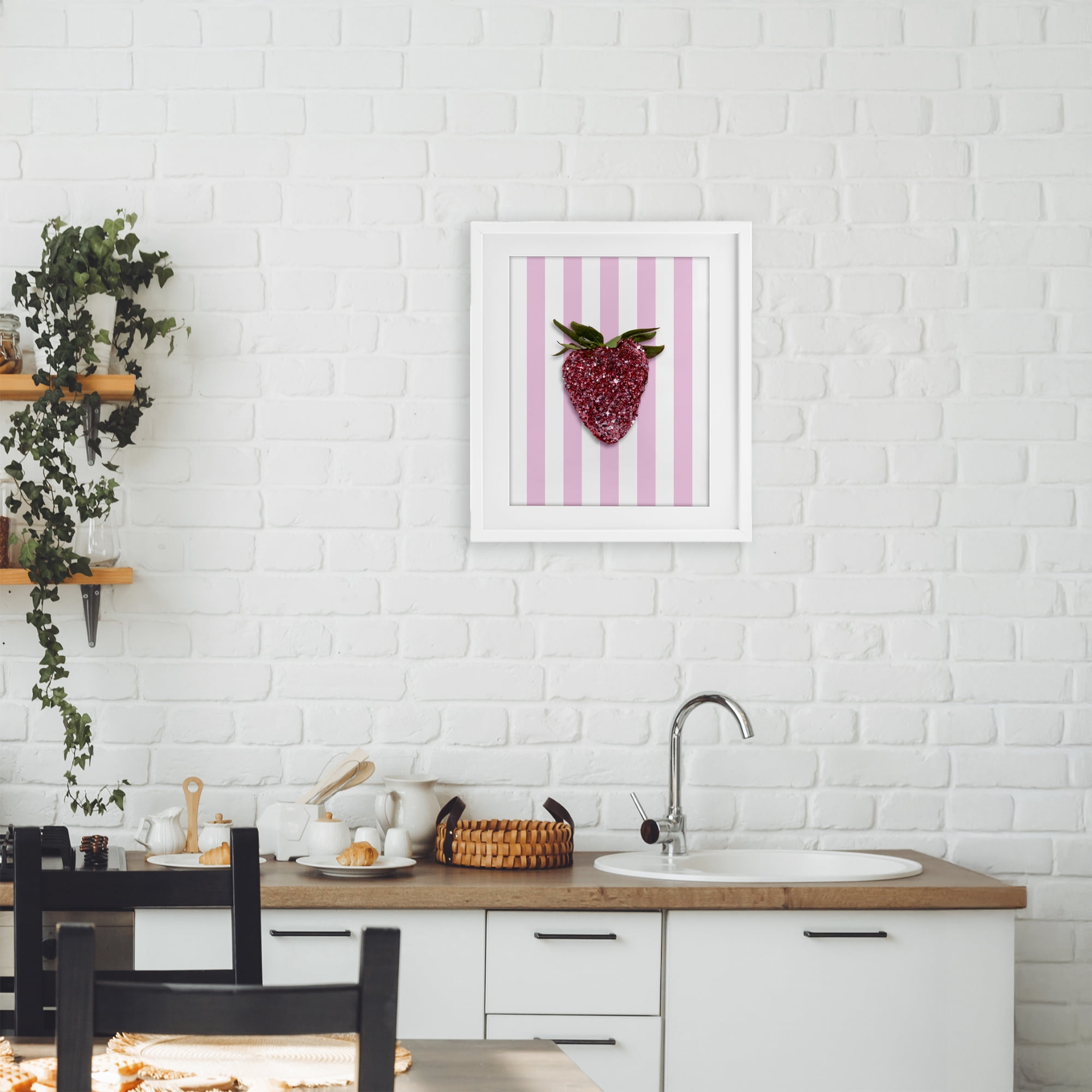 Stupell Industries Glimmer Strawberry on Green Stripes White Framed Print Under Glass, design by LISH Creative