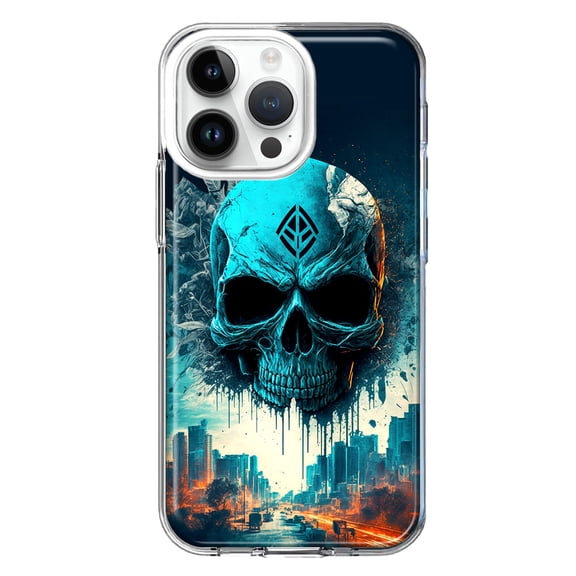 MUNDAZE Case for Apple iPhone 15 Pro Max Slim Hard Shell Soft TPU Hybrid Shockproof Heavy Duty Protective Phone Cover - Blue Apocalypse Cyberpunk Skull Feather