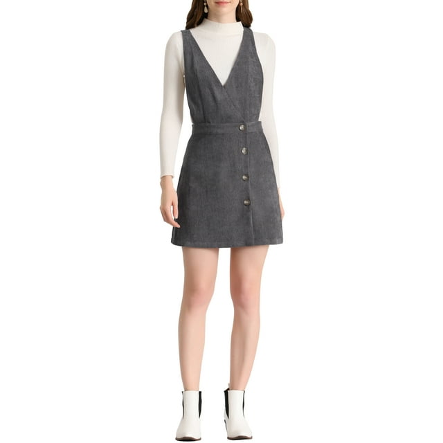 INSPIRE CHIC Robe Chasuble Mini en Velours Côtelé à Col en V pour Femmes P Gris