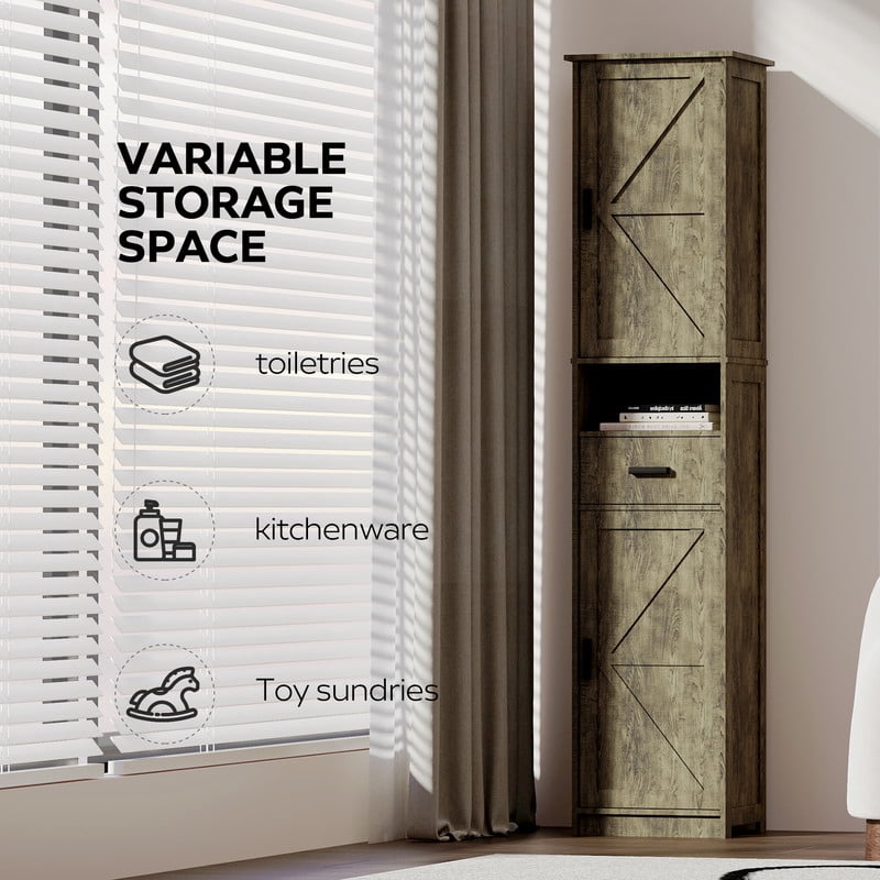 69"H Bathroom Storage Cabinet,Narrow Floor Cabinet with 2 Barn Doors, 1 Drawer & Adjustable Shelves